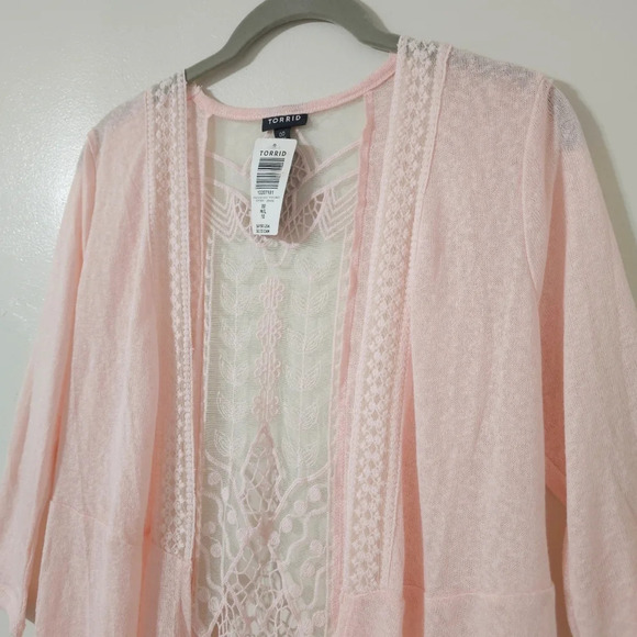 TORRID Nwt 3/4 Sleeve Lace Back Open Front Knit Cardigan, Peach Pink, 00 , M/L - Picture 4 of 16